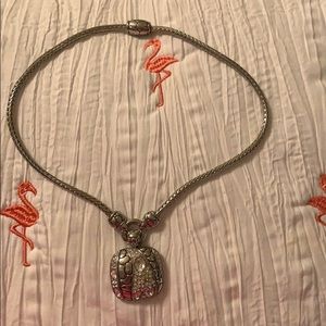 Silver necklace w/rhinestone and snake stamping.